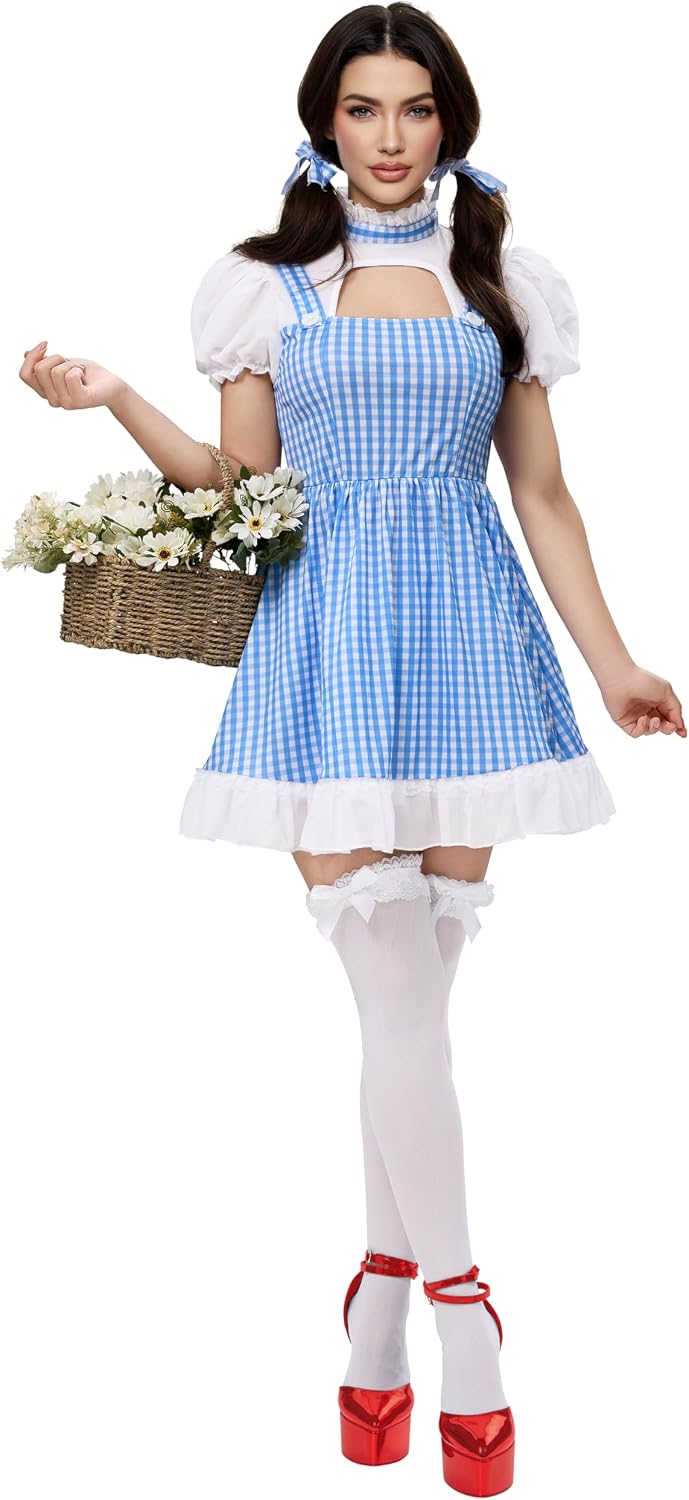 Spooktacular Creations Halloween Women Dress Costume, Blue White Gingham Fairy Dress Character Cosplay for Daily Parties