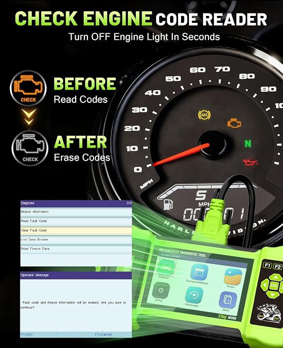 Motorcycle Scanner Diagnostic Tool with Printer, Oil Service Reset, M300