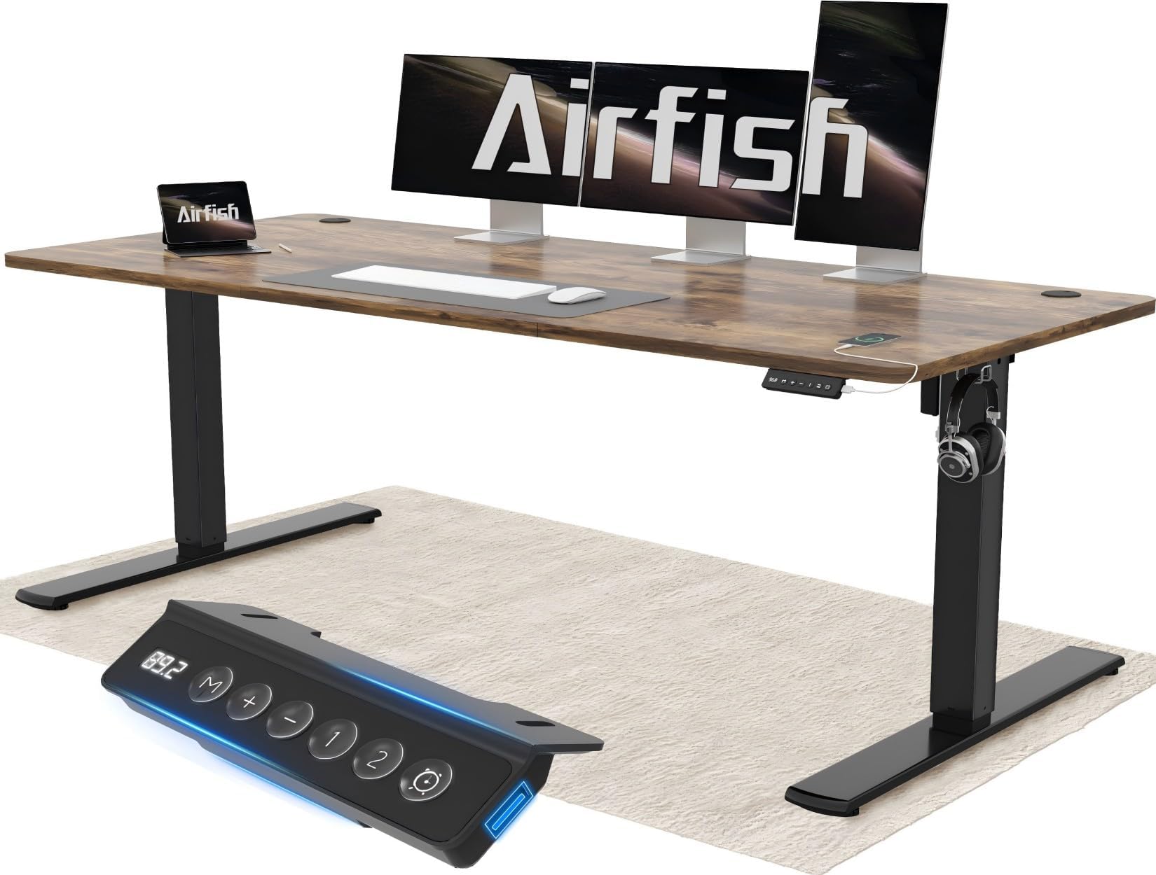 Airfish Höhenverstellbarer Schreibtisch 180x80cm mit USB-Buchse, Schreibtisch Höhenverstellbar Elektrisch mit Memory Funktion, 73-118cm, Dunkelbraun