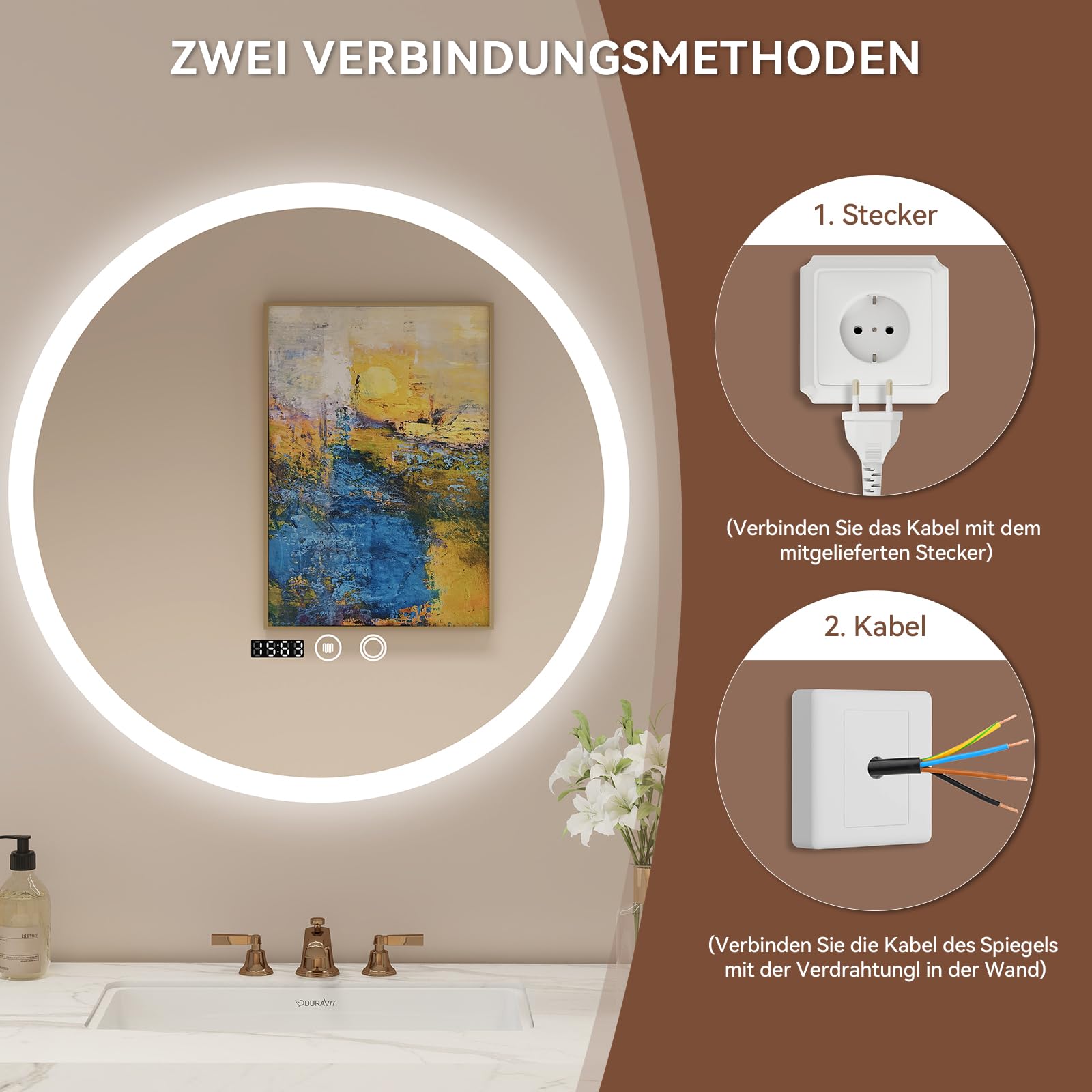 YU YUSING Badspiegel LED Rund Badezimmerspiegel mit Beleuchtung 50x50cm | 3 Lichtfarbe Einstellbare, Wandspiegel mit Touch-Schalter Spiegel Badezimmer Anti-Beschlag Timer-funcktion IP44