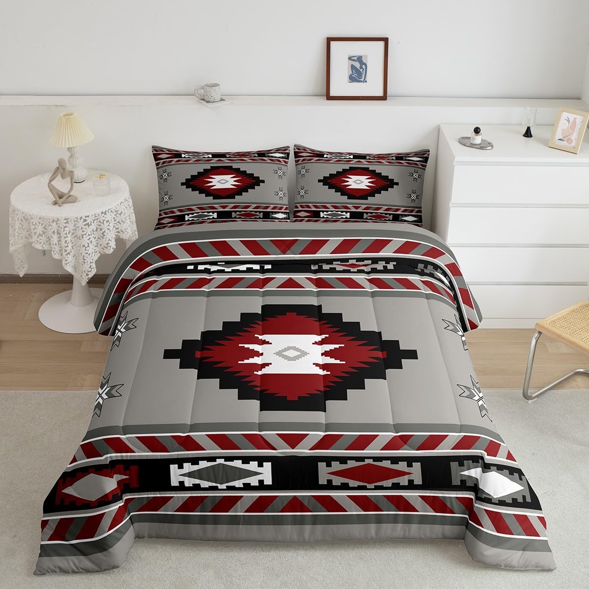 Feelyou Red Comforter Set Twin Size Abstract Comforter for Kids Teens Adults Bedding Set Geometric Duvet Set Room Decor 2Pcs with 1 Pillow Case