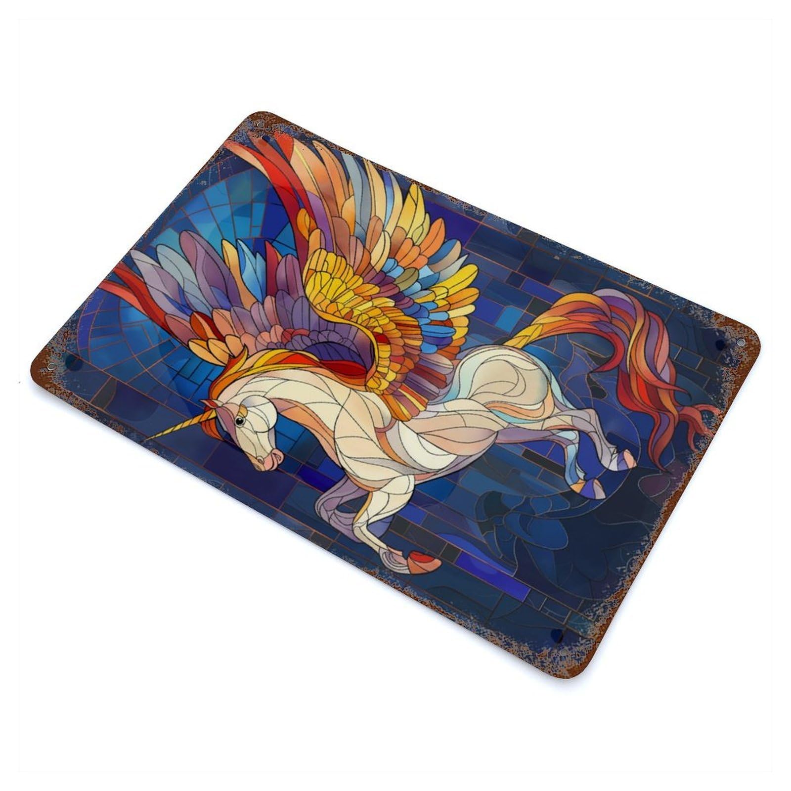Pegasus Stained Glass Rust Effect Tin Sign 11.8"x7.9", Industrial Home Decor for Garage, Bar And Workshop Decor