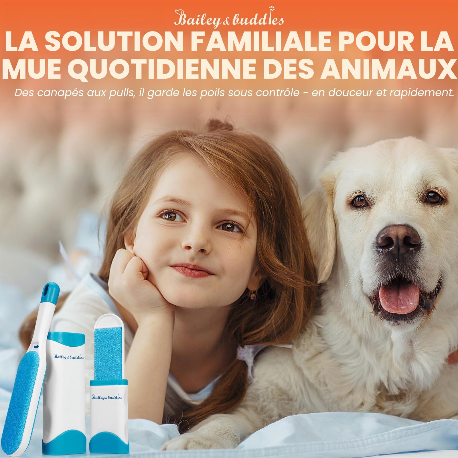 Bailey & buddies Brosse à poils d'animaux de compagnie, base autonettoyante, anti-peluches réutilisable, enlève les poils de chat et de chien, peluches de tapis et canapé, vêtements