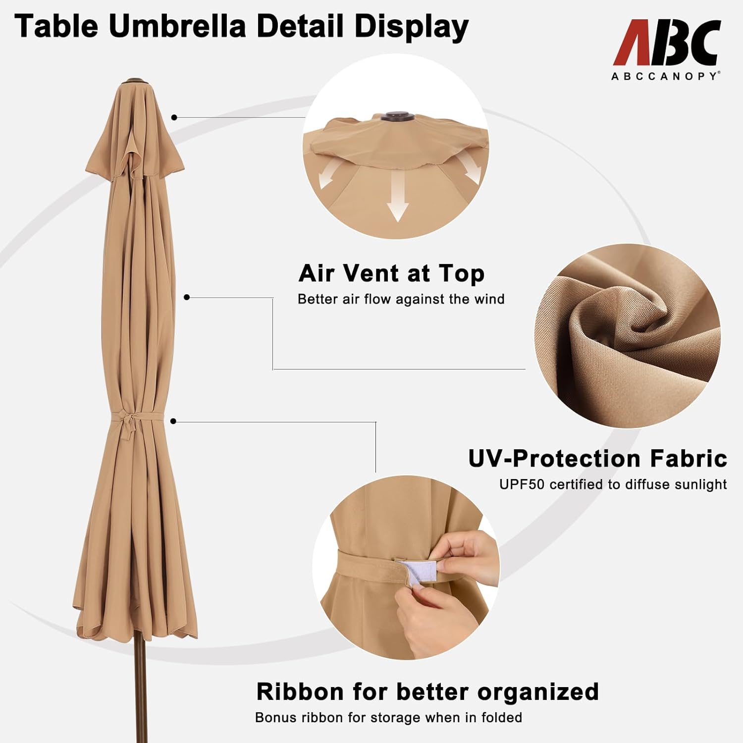ABCCANOPY 10ft Scalloped Patio Umbrella, Outdoor Table Umbrella with Tilt and Crank, Fiberglass Ribs Deck Umbrella for Patio, Pool, Garden, Picnic (Khaki)