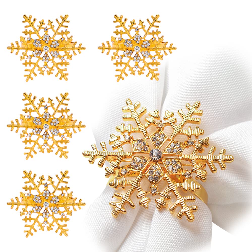 Set of 4 Gold Christmas Rhinestone Napkin Rings Holders with Snowflake Design for Birthday Parties, Weddings, New Year's, Xmas, Thanksgiving, Hotel, Banquet Serviette Table Decoration