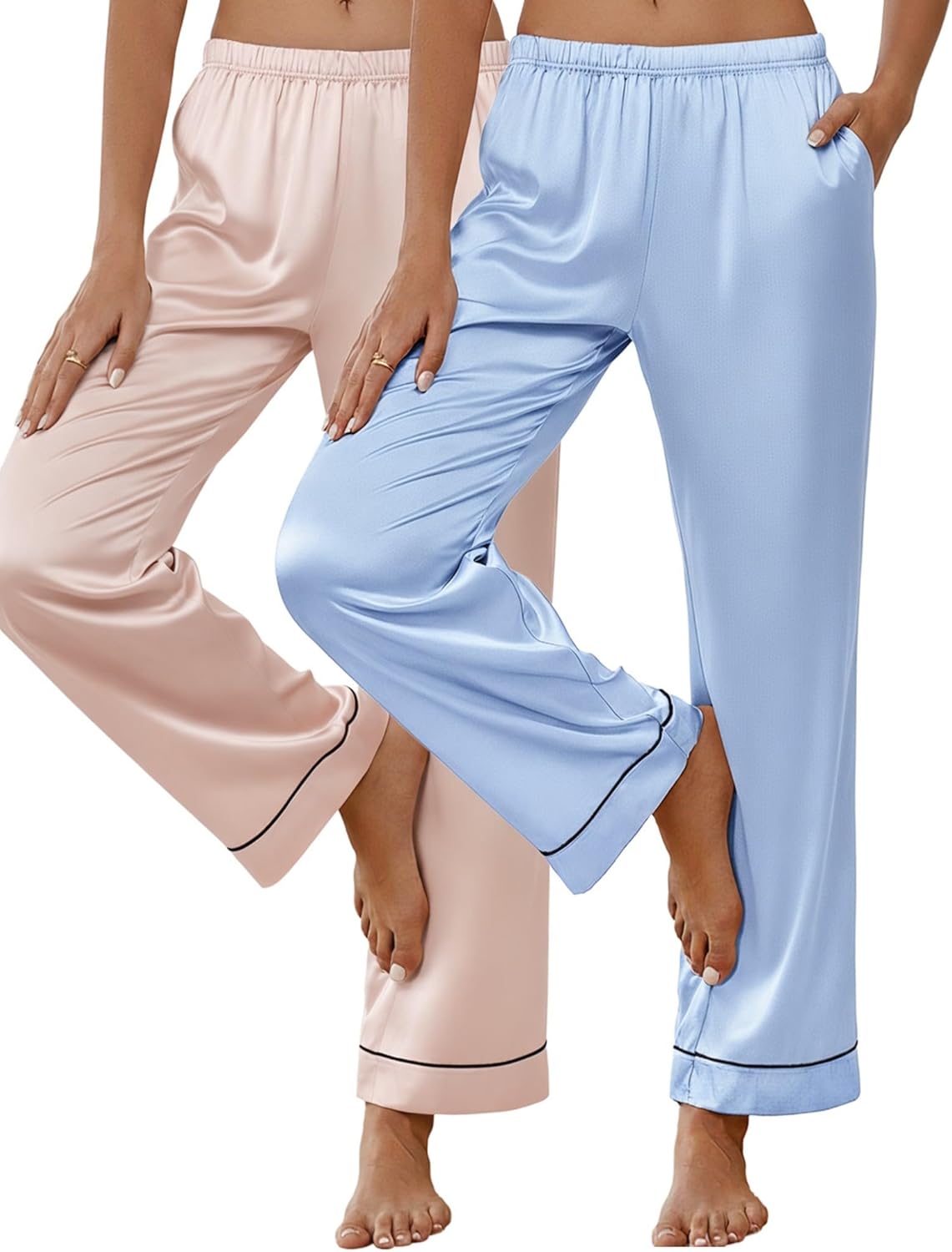 Ekouaer 2 Pack Women Silk Satin Pajamas Pants Lounge Pants Loose Elastic Waist Pj Bottoms with Pockets