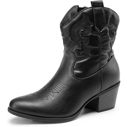 DREAM PAIRS Women's Western Cowboy Cowgirl Embroidered Ankle Boots Fashion Low chunky Heel Round Toe Fall Short Booties Shoes
