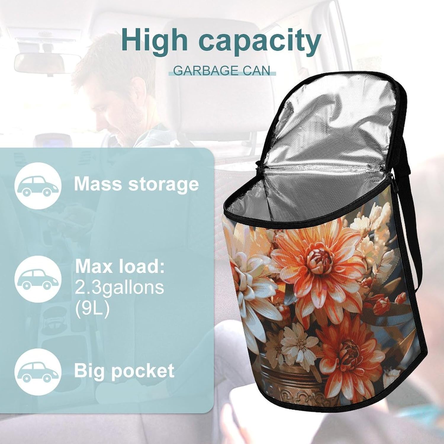 Hanging Car Trash Bag Orange Flowers Printed Car Garbage Storage Bag Leakproof Car Trash Can Portable Garbage Storage Bags