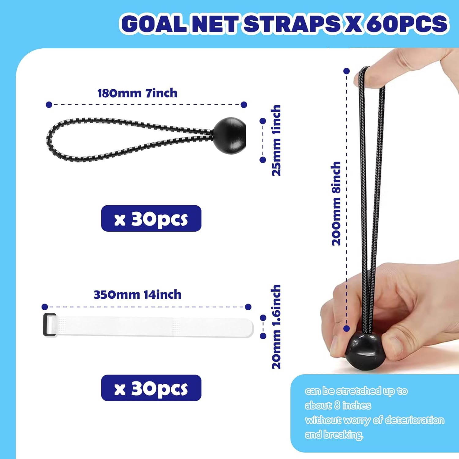 60Pcs Goals Net Attachment Straps and 5.9 Inch Soccer Bungee Cords Balls, Heavy Duty Soccer Rebounder Trap Fasteners for Holding Soccer Placement Nets