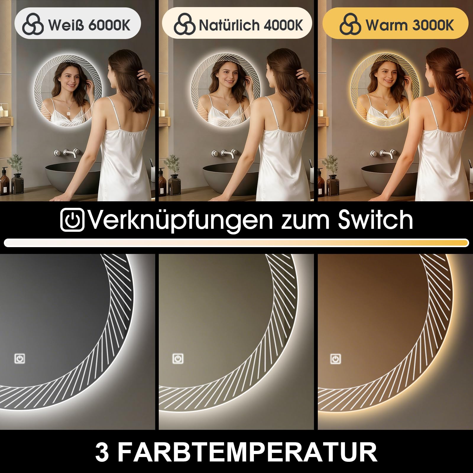Rund Badezimmer Wandspiegel mit LED Beleuchtung, 50cm | Spiegel mit Linienmuster Licht, Touch Schalter, 3 Farben Dimmbar,