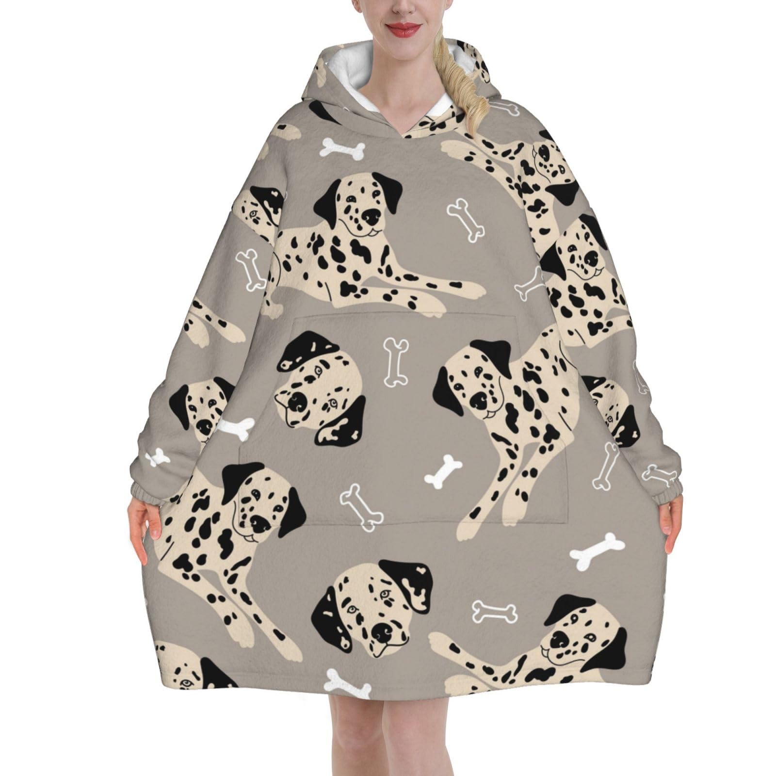 Sweatshirt Blanket,Flannel Pullover Blanket,Women's Wearable Blanket Hoodie, Dalmatians And Bones On Grey