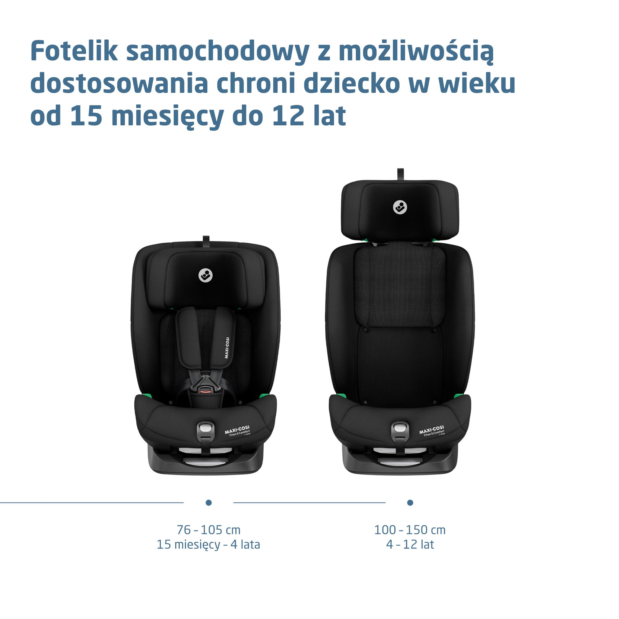 Maxi-Cosi Titan S Comfort i-Size, Fotelik samochodowy, od 15 mies. do 12 lat (76–150 cm), fotelik samochodowy ISOFIX, 5 poz. odchylania i 13 ustawień zagłówka, Ochrona boczna G-CELL, Authentic Black