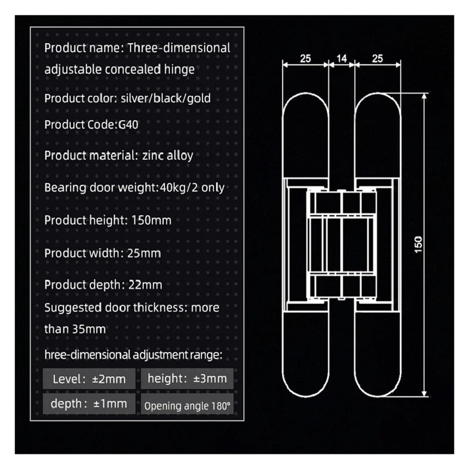 Bisagra Oculta Ajustable for Puerta de Madera de 180 Grados, 2 Unidades, for Interior abatible de 6 Pulgadas, bisagra Invisible. | 1