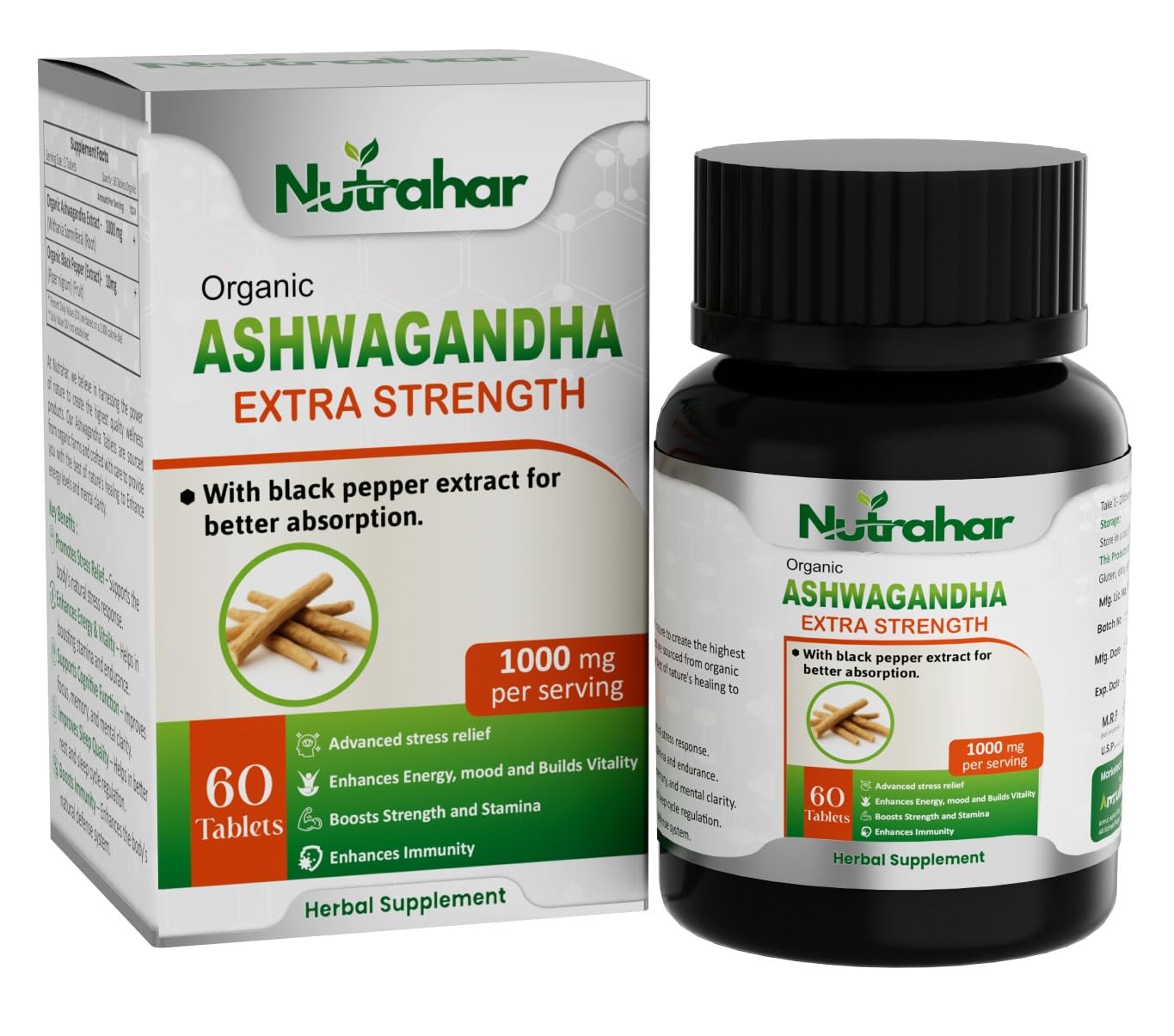 Nutrahar Organic Ashwagandha 1000mg - 60 Tablets | High Absorption formula & Extra Strength for Stress, Sleep, Energy, Strength, Stamina, Immunity & Mood Support | Root Extract Ashwagandha Supplement for Men and Women