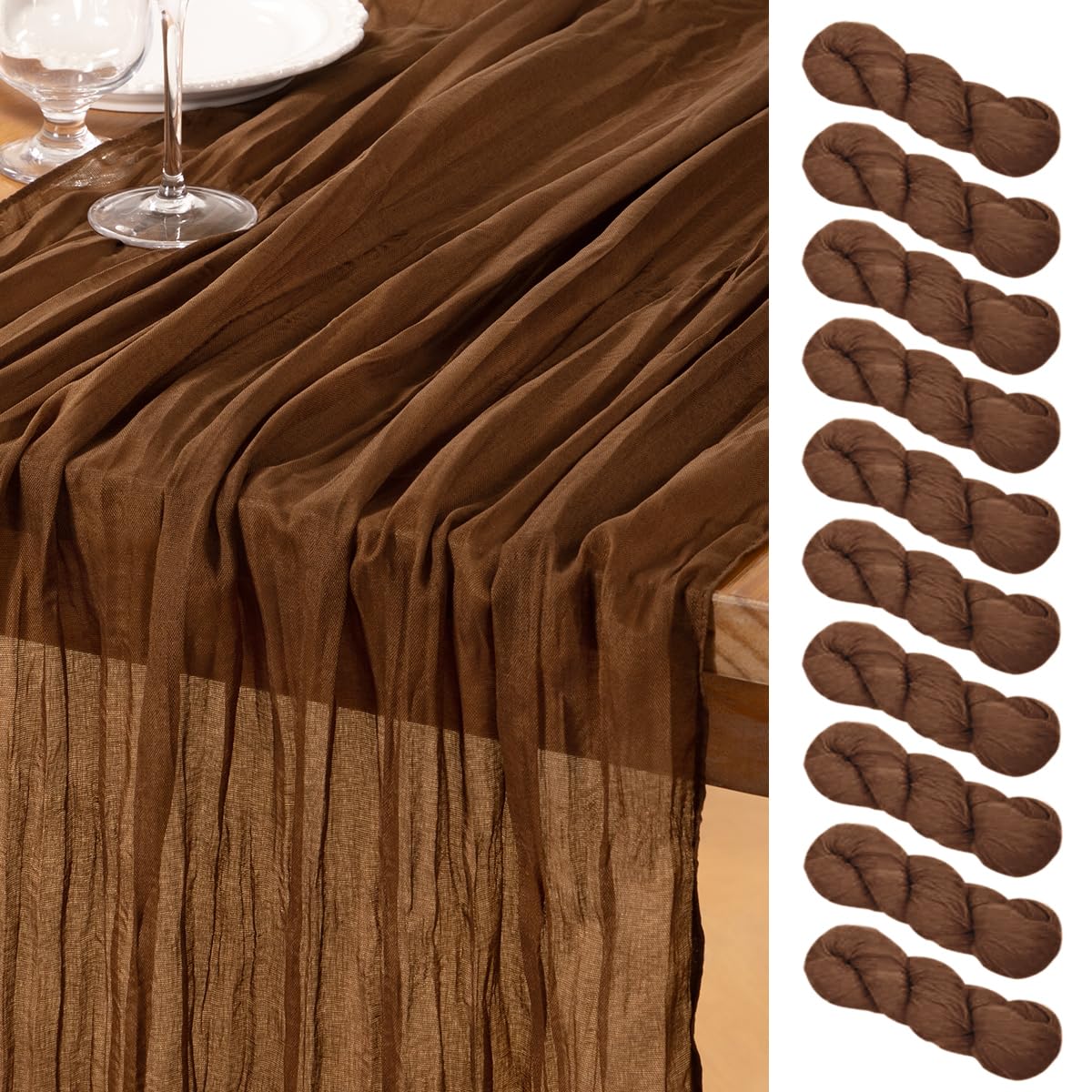 DeZerlor Brown Cheesecloth Table Runner 10 Pack Summer Table Runners Boho Gauze 120 Inche Cheese Cloth Table Decor for Wedding Bridal Baby Shower Parties