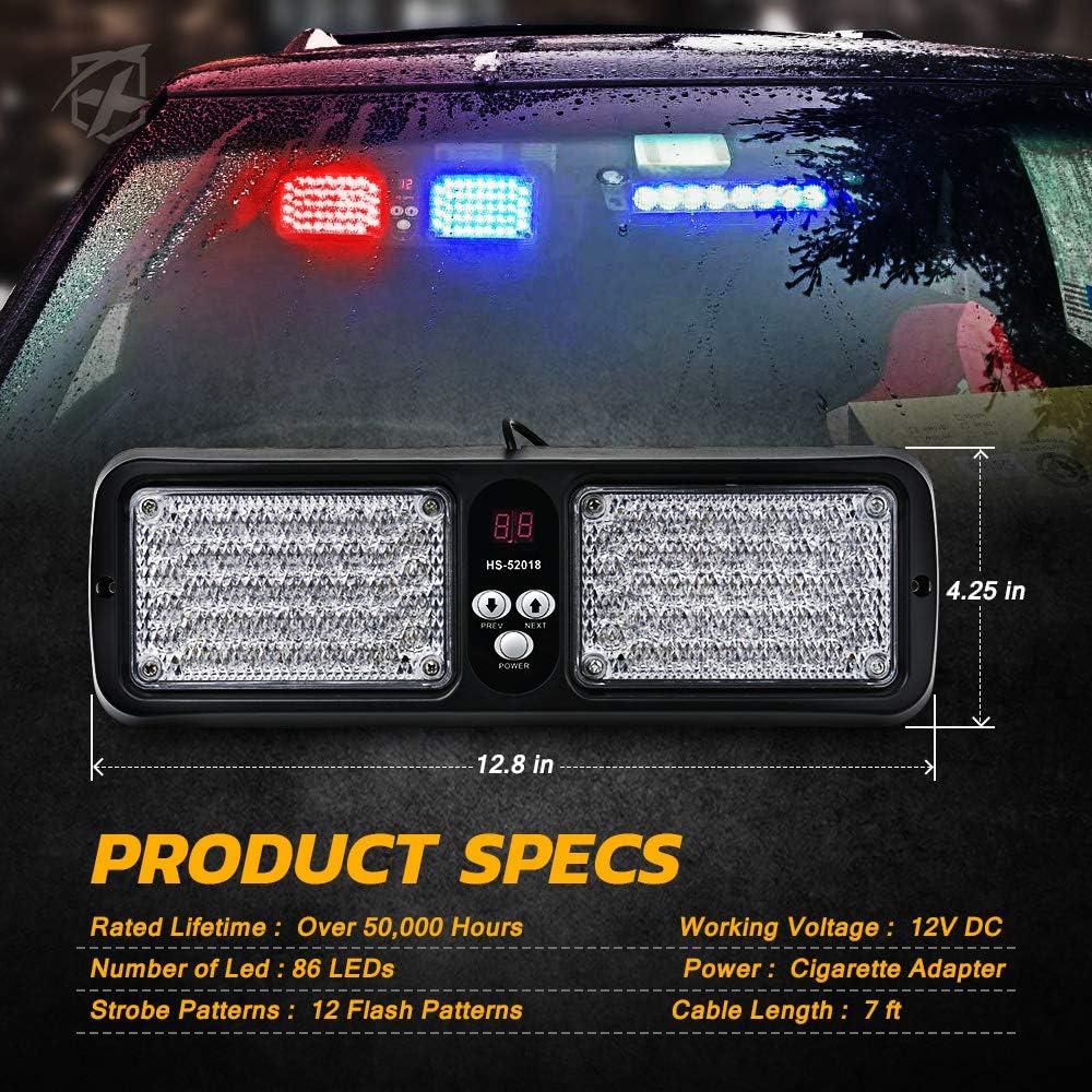 Xprite Red Blue 86 LED SunShield Sun Visor Emergency Strobe Lights 12 Flash Modes Hazard Police Warning Light for Law Enforcement Vehicle