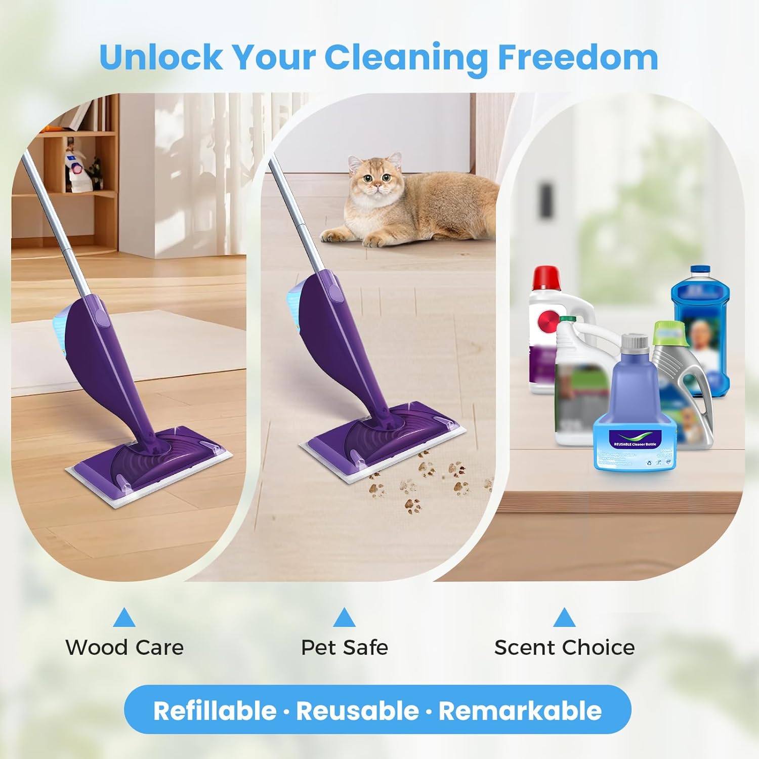 Refillable Bottle for Swiffer® Wet Jet™ Mop – 500ml /17 FL OZ, Leak-Proof HDPE Solution Refill Bottle with 18 Silicone Gaskets & 1 Funnel,Easy Install for Use with Any Cleaning Solution