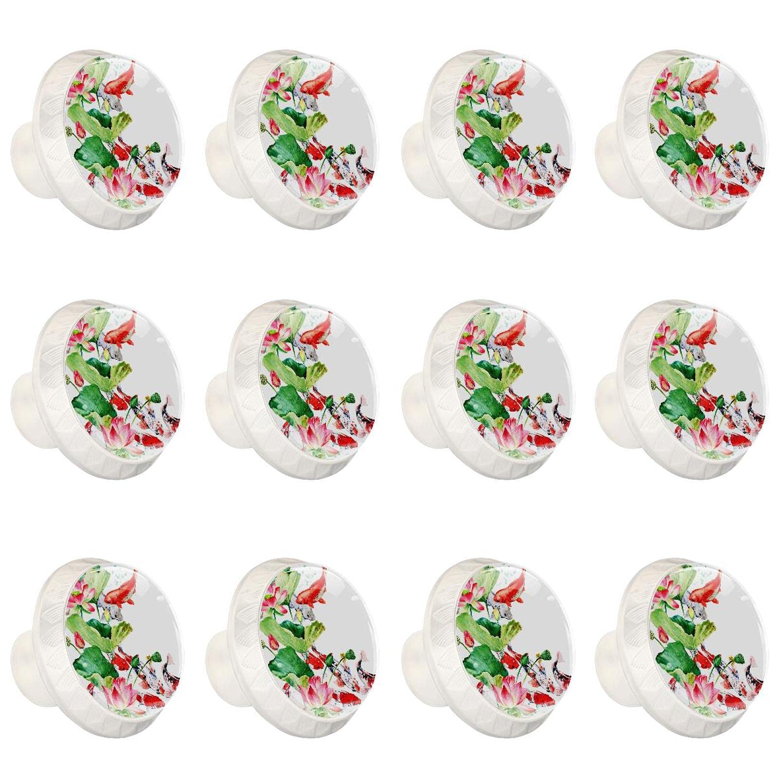 Boutons d'armoires de cuisine en lot de 12 poignées rondes motif poisson lotus pour tiroir