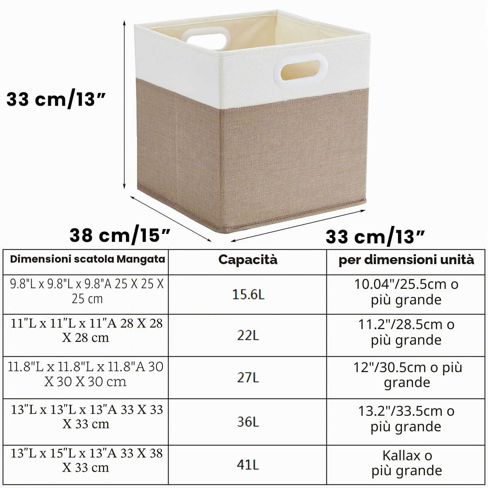 Mangata Scatole portaoggetti, 33x38x33 cm, 4 pezzi, cesti in tessuto pieghevoli per cesti per abiti, cassapanche, giocattoli (Bianco kaki chiaro) | 33 x 38 x 33 cm, 41 l, contenitore pieghevole per vestiti, giocattoli e scaffali a cubo.