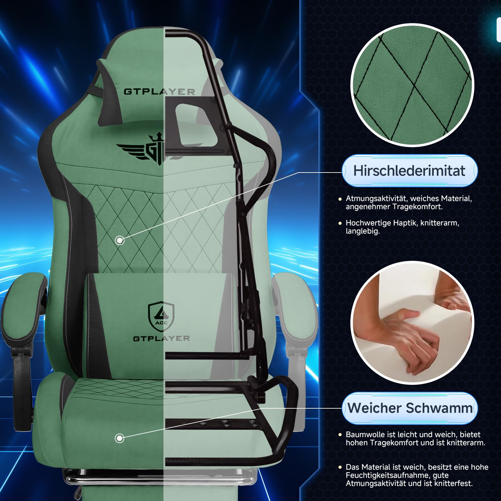GTPLAYER Gaming Stuhl, Ergonomischer Gamer Stuhl aus Stoff mit Lendenwirbelstütze, PC-Stuhl mit verbreiterter Rückenlehne, Belastbar bis 150 kg, Grün