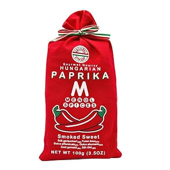 Menol Spices Original Hungarian Paprika Powder Smoked Sweet 100 g Peppers smoked over beech wood bright colour never bitter hand wrapped in cloth bag for paella and bbq