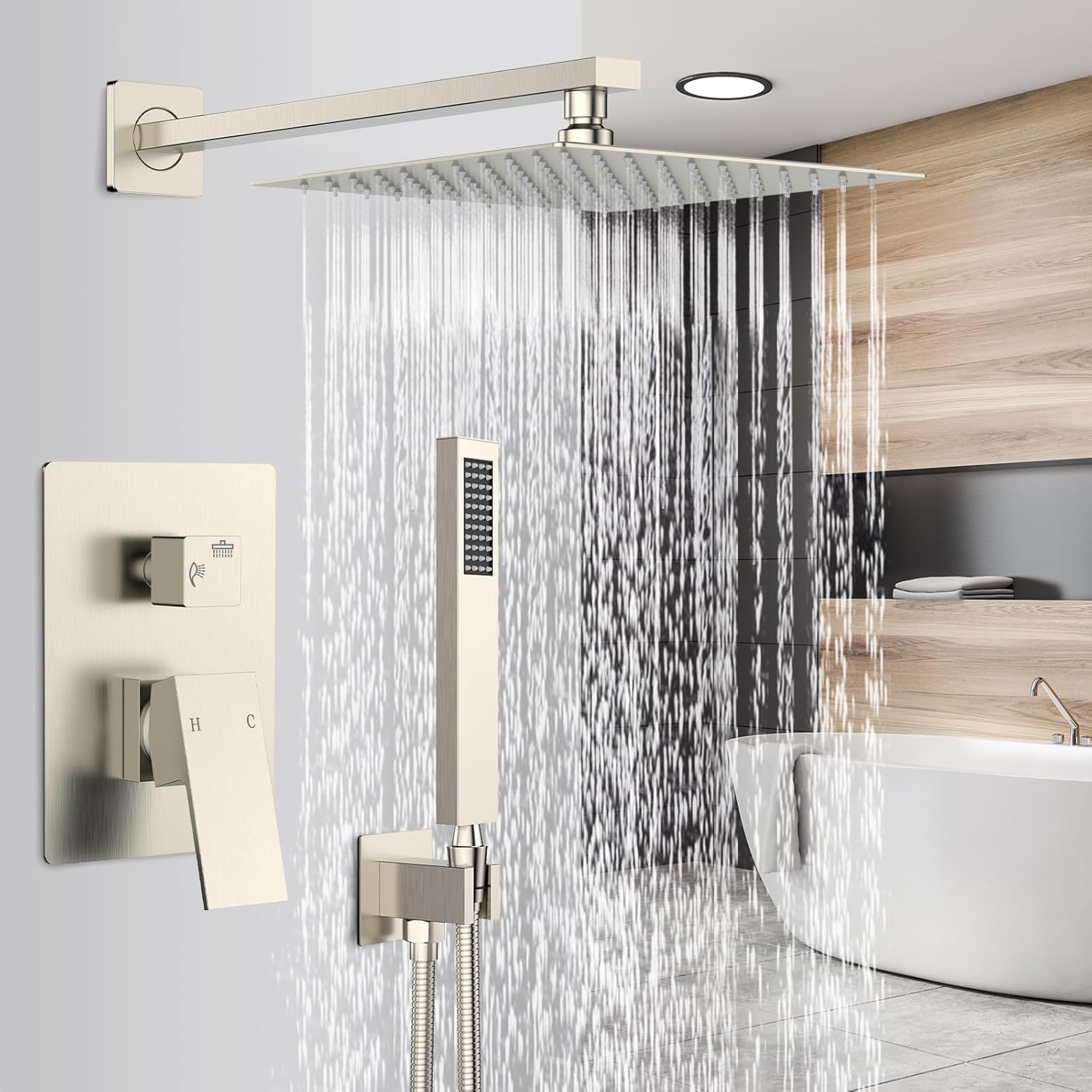 SunCleanse Shower System Rainfall Shower Faucets Set Brushed Nickel, 10 Inch Wall Mounted Rain Shower Head with Handheld Spray Shower Valve and Trim Included