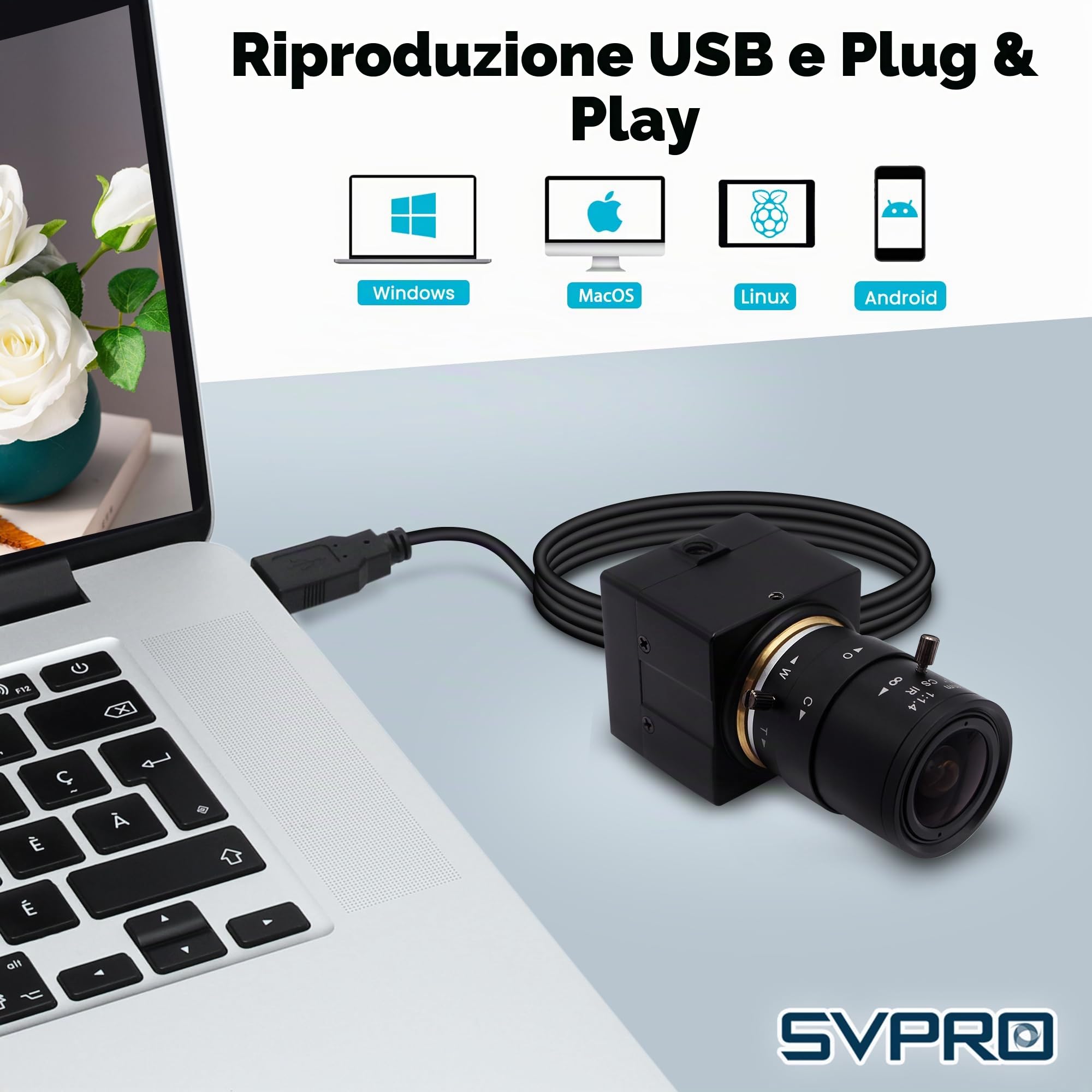 Svpro Webcamera USB 5 MP, 30 fps, obiettivo zoom 2,8-12 mm, IMX335, per monitoraggio macchina, a bassa luce, PC, laptop, UVC Plug-in Webcam per Windows, MacOS, Linux