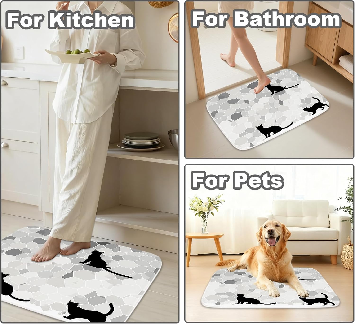 TheBlackSpot Funny Black Cat Bathroom Rugs 20 x 31 Kitten Silhouette Geometric Background Bath Mat 16 x 24 Sets 3 Piece Imitation Cashmere Anti Slip Mats U-Shaped Contour Shower Mat
