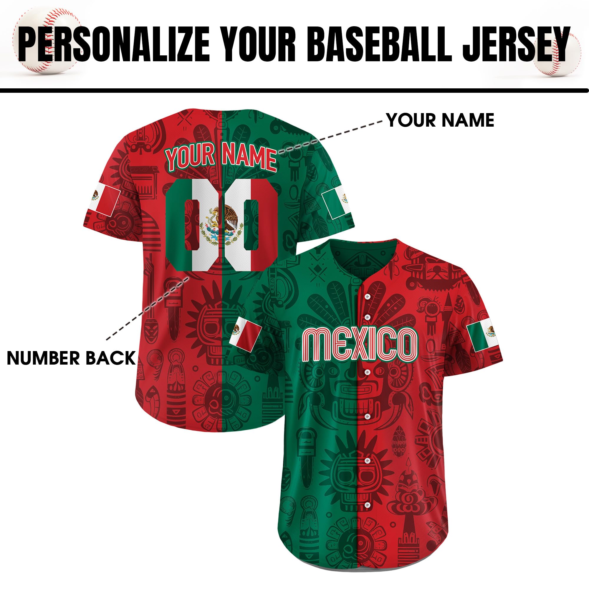Custom Mexico Baseball Jersey for Men Women Youth Kid, Personalized Mexican Jersey with Name Number, Eagle Mexico Flag Baseball Jersey