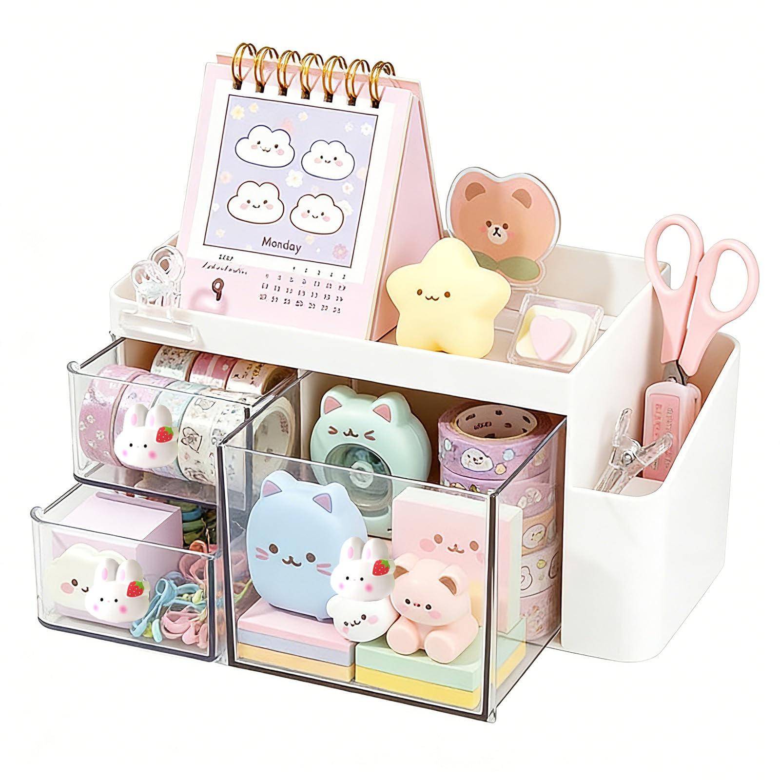 Elezeal Desk Organiser with 3 Drawers, Small Cute PP Plastic Pen Cup & Stationery Holder, Compact Desktop Storage Desk Tidy and Makeup Brushes Holder for Home & Office Use - White