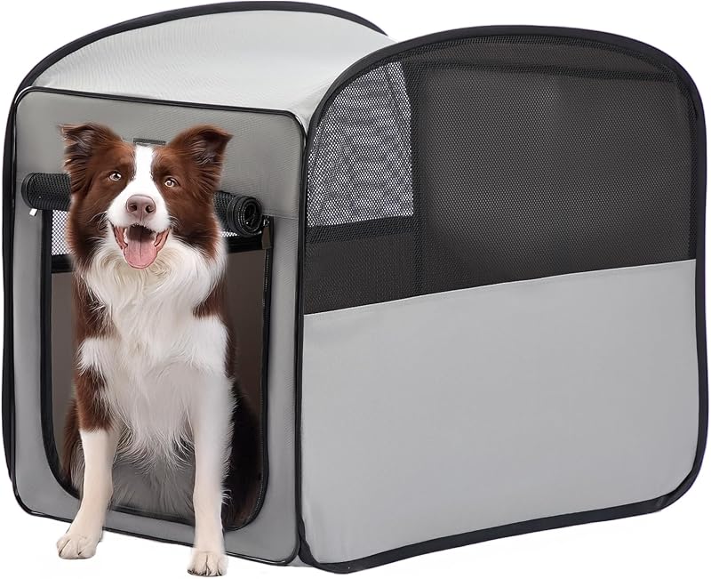 Petsfit Jaula de viaje para perros, Jaula emergente para perros medianos y grandes, Jaula impermeable para mascotas, Perrera suave para interiores y exteriores, Transportín ligero para perros para viajar, Gris