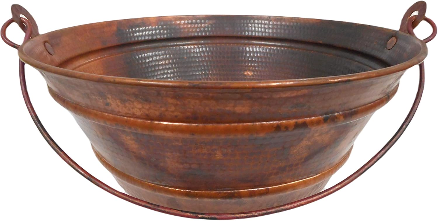 15" Round Copper Vessel BUCKET Bath Sink With a Natural Fire Patina and 19-Hole Grid Drain by SimplyCopper