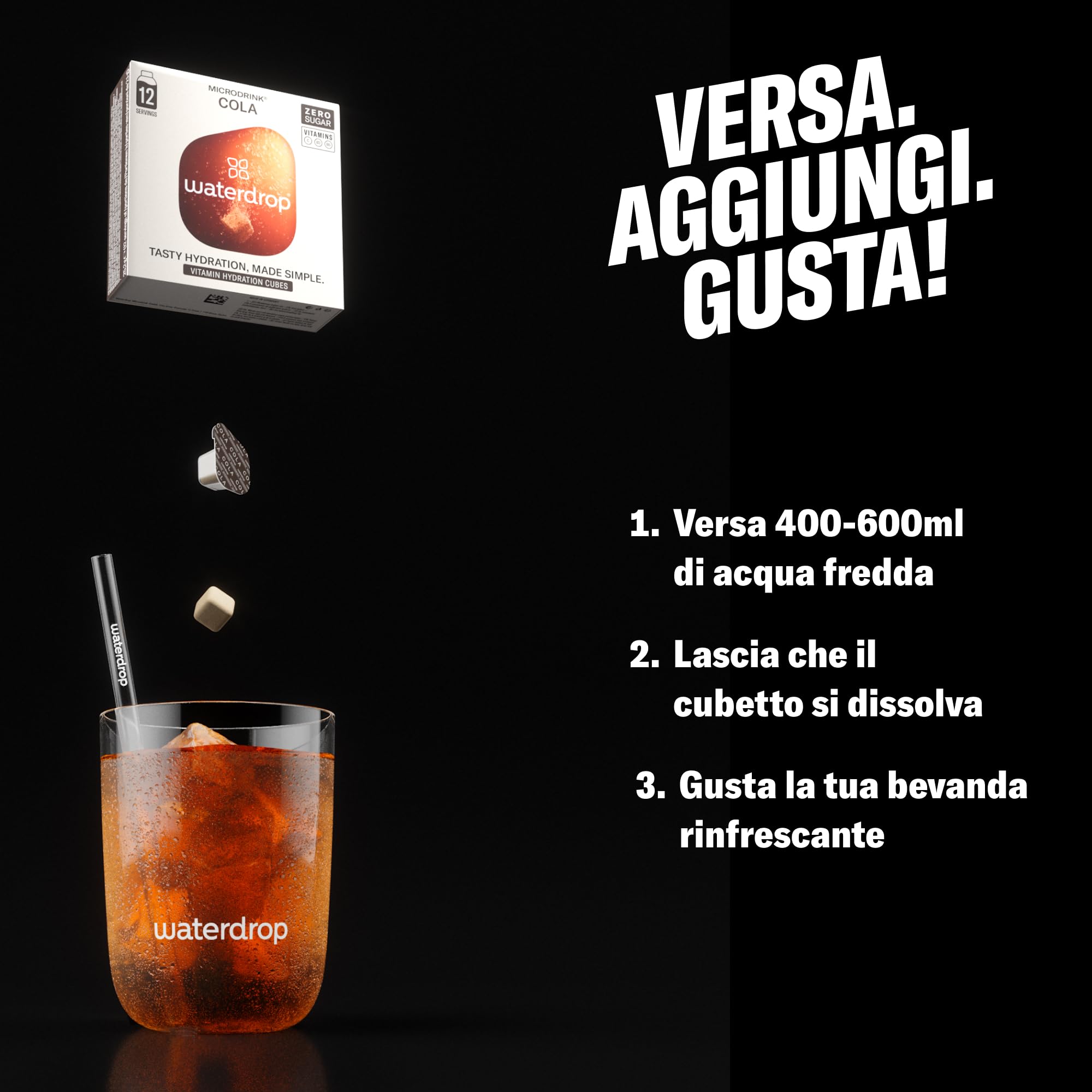 waterdrop® Originale COLA - Senza Zucchero, 36 waterdrop cubetti per acqua aromatizzata, con Vitamine, Ideale con Acqua frizzante come bibita alternativa, Bibite Senza Calorie, Vitamina