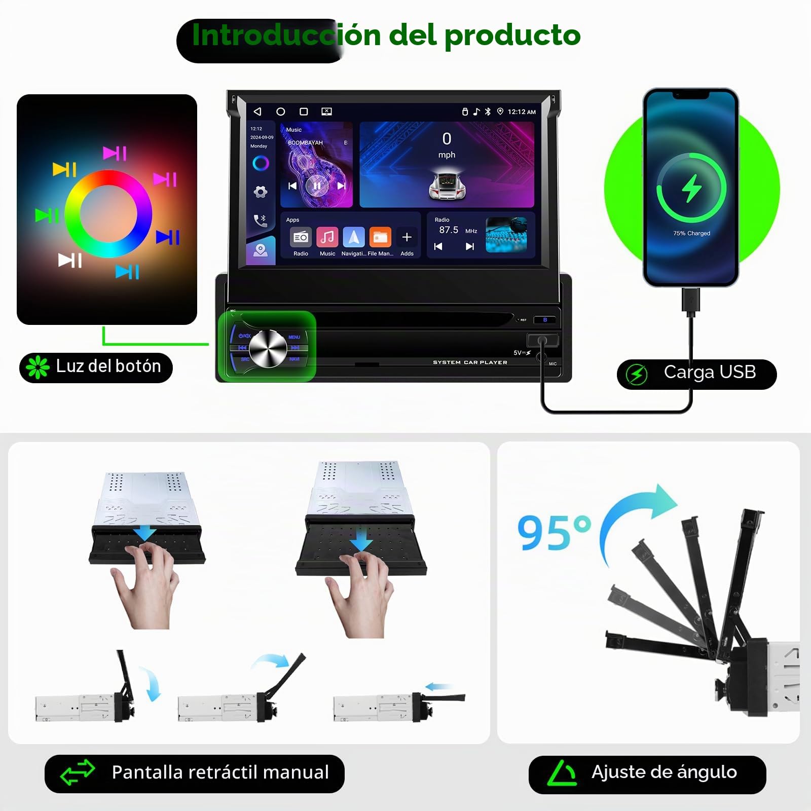 Hodozzy 4G+64GB Radio Coche 1 DIN Android con CarPlay Android Auto Inalámbrico, Pantalla Táctil HD de 7 Pulgadas Retráctil Pantalla 1 DIN con Bluetooth GPS WiFi Mirrorlink FM/RDS Radio USB/AUX Cámara