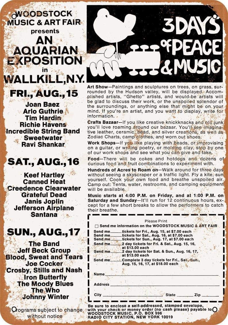 1969 Woodstock Flyer Funny Tin Sign Bar Pub Garage Diner Cafe Home Wall Decor Art 8x12 Inch