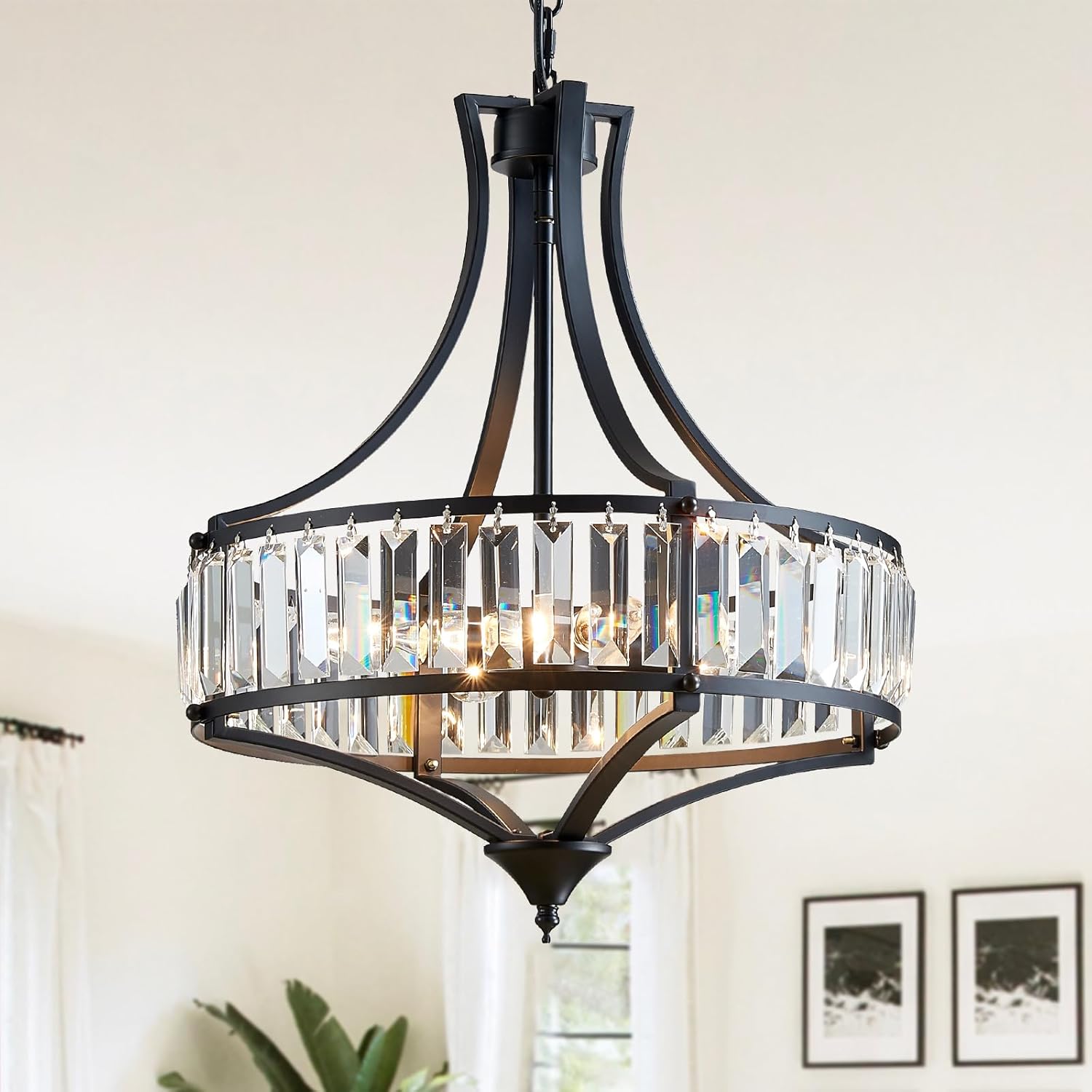Crystal Chandeliers for Dining Room, Modern Black Crystal Chandelier Light Fixture, Round Rustic Farmhouse Hanging Light for Living Room Kitchen Hallway Bedroom Foyer, 15.7 Inch, 4-Light Black Chandelier