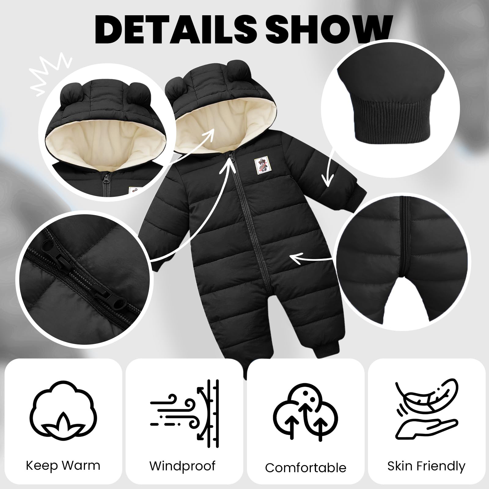Bebé Invierno Mamelucos con Capucha, Niñas Niños Ropa Traje de Nieve Manga Larga Fleece Monos Outfits Peleles Calentar Abrigo Regalos 0-12 Meses
