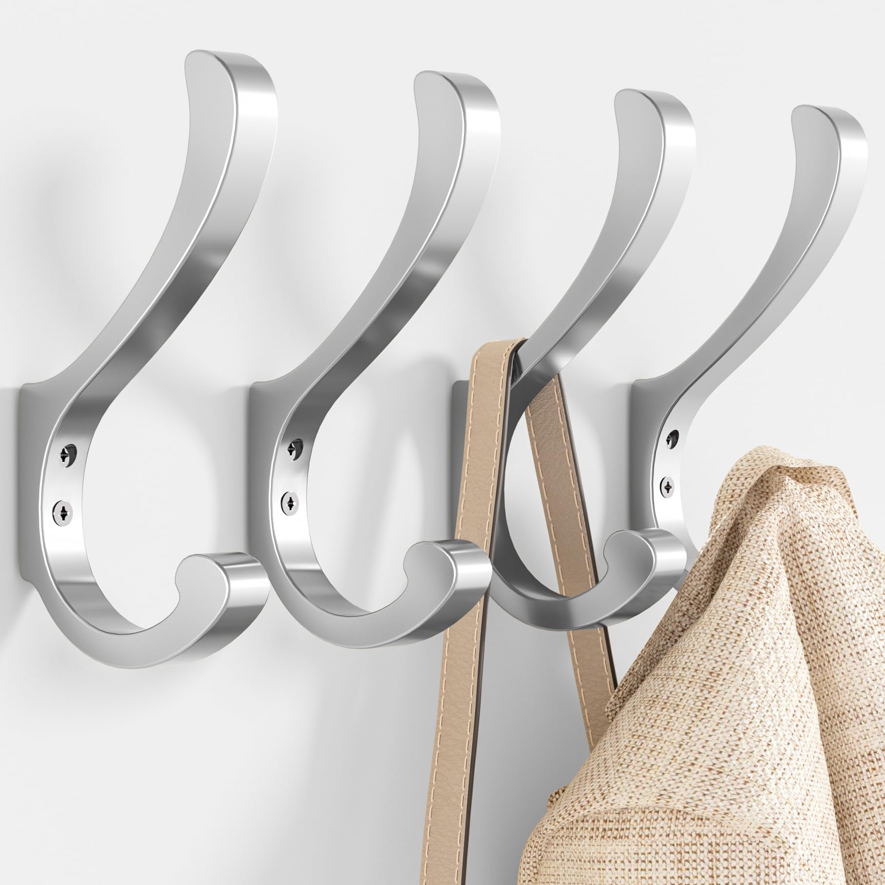 Silver Coat Hooks Wall Mount - Wall Hooks for Hanging Heavy Duty (30LB),Large Coat Hanger Wall Hangers,Metal Hooks for Hanging Towels,Backpack,Hat,Jacket,Key,Bag,Purse,Clothes,Robe,Dog Leash (4 Pack)