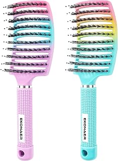EKONAER 2-Pack Detangling Boar Bristle Hair Brush - Pain-Free Knot Removal, Shine & Smooth Hair for Wet/Dry, Kids & Adults (Green/Pink)