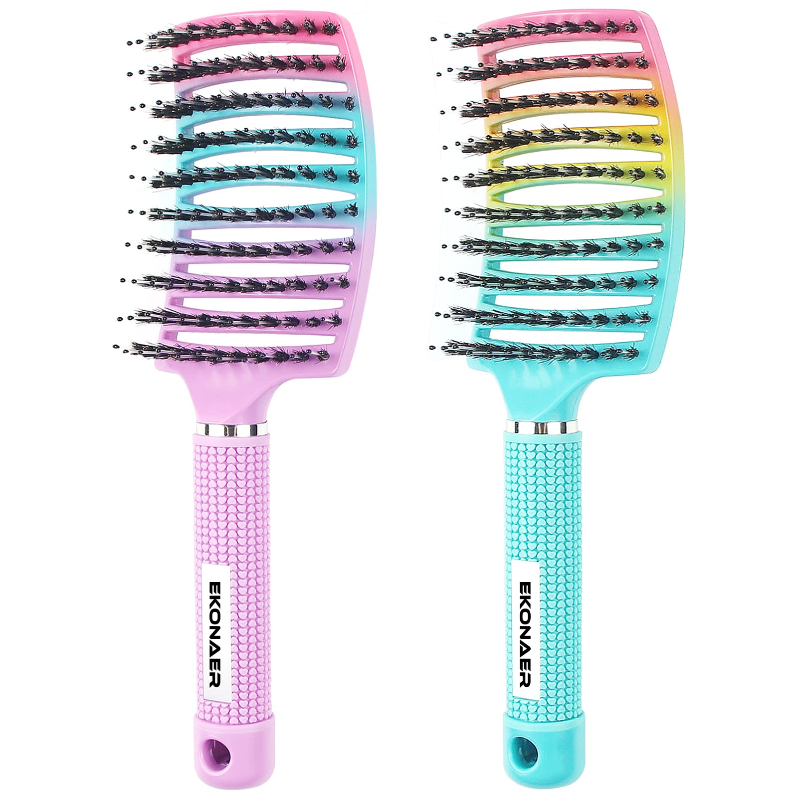 Paquete de 2 cepillos para desenredar nudos sin dolor, añade brillo y hace que el cabello sea suave, cepillo de cerdas de jabalí desenredante para adultos y niños, cabello húmedo o seco (verde y rosa)