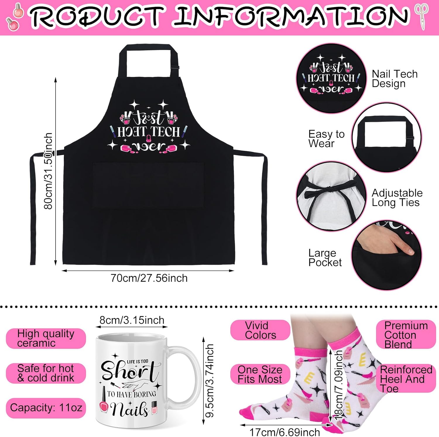 Potchen 6 Pcs Nail Technician Gift Set Include Waterproof Oil Proof Apron Mug Keychain Canvas Tote Bag Cosmetic Bag Socks for Women Nail Tech Must Haves Manicurist Art Lover Gift