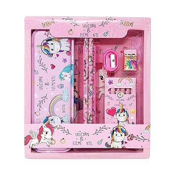 Smizzy Unicorn 6 in 1 Stationery Set Combo with Metal Pencil Box/Pouch, Pencil, Eraser, Sharpener, Crayons and Scale for School/Gift for Kids, Pink