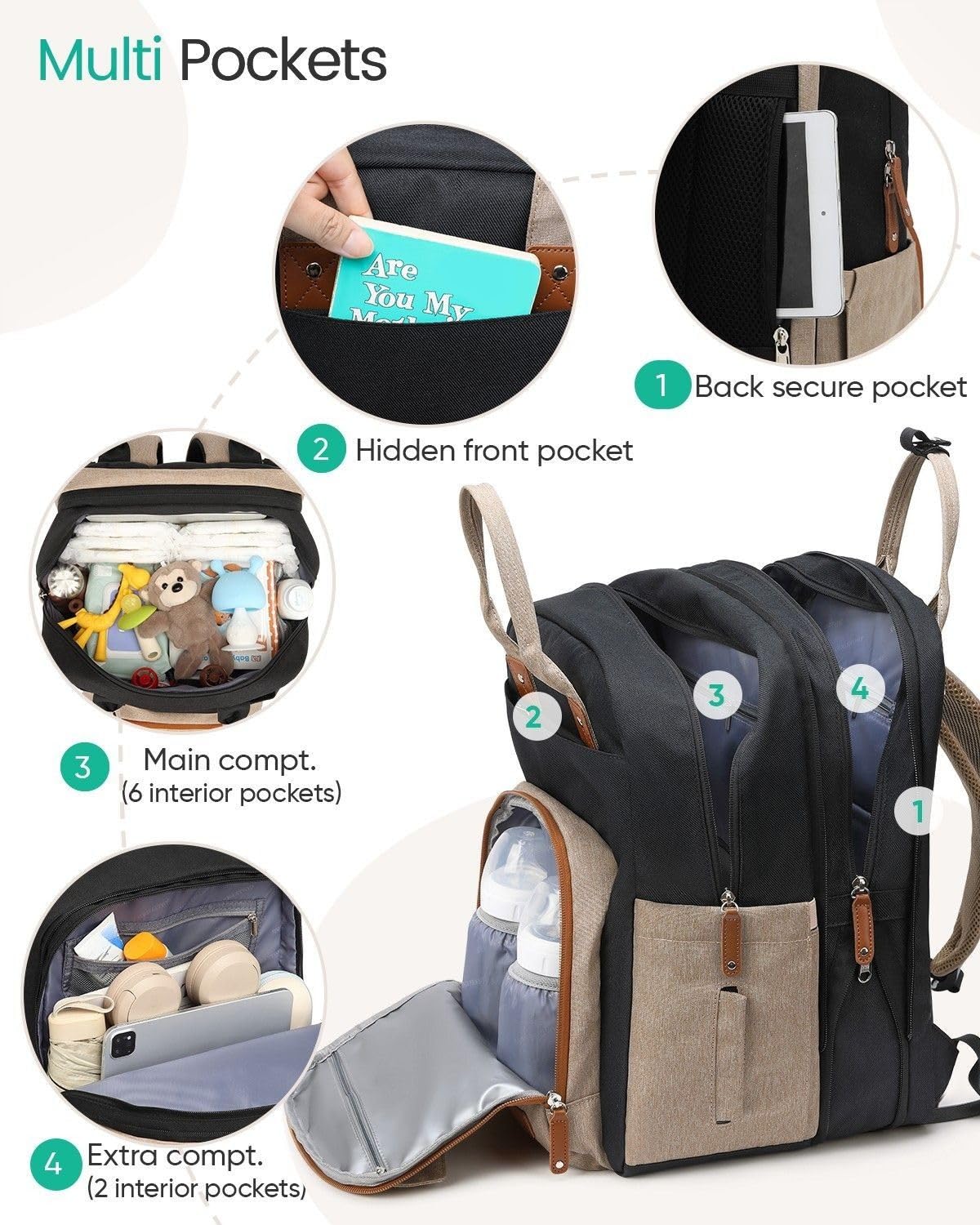Qualyphant Borsa fasciatoio extra grande per due bambini gemelli – Borsa espandibile (26 – 36 l), due grandi scomparti, incluso fasciatoio e cinghie per passeggino, unisex, nero