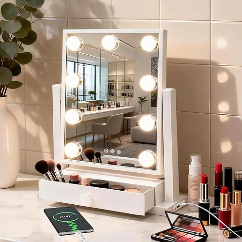 Makeup Mirror with Lights, Vanity Mirror with 9 LED Bulbs, 3 Colors Dimmable, Detachable 5X Magnification, Lighted Vanity Mirror with Drawer for Bedroom Dormitory Travel, White