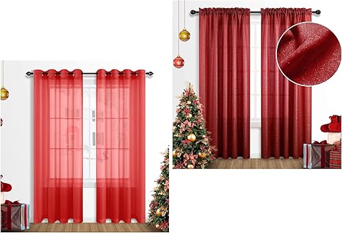 Mrs.Naturall Cortinas semitransparentes y transparentes con ojales de 84 pulgadas con purpurina roja brillante y para decoración de dormitorio y