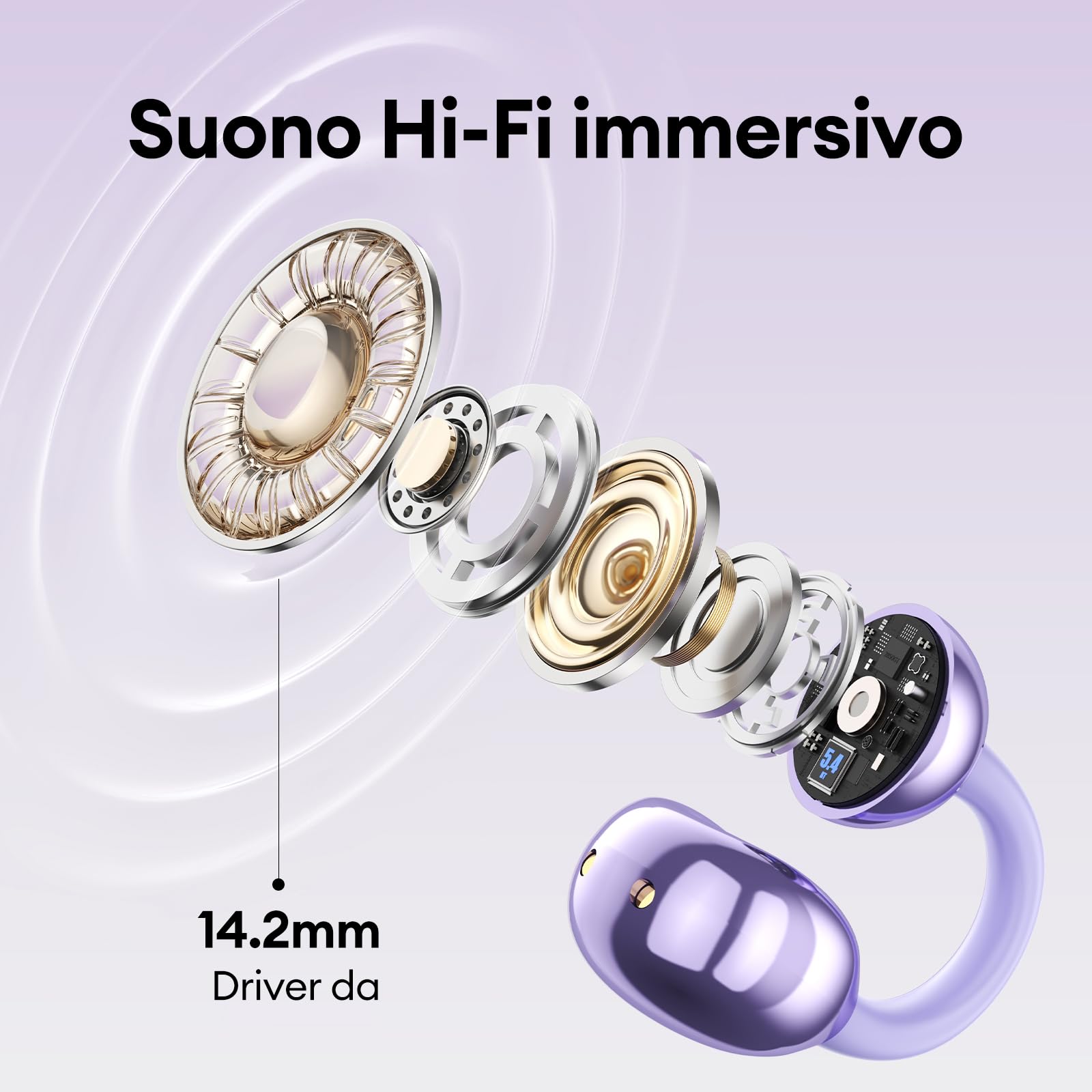 ZOMBIES CAT Auricolari Open Ear Clip-on con Schermo Touch Intelligente – Cuffie Bluetooth 5.4, Audio HiFi, Controllo Musicale & Volume, Auricolari Bluetooth per Sport,M100 Viola