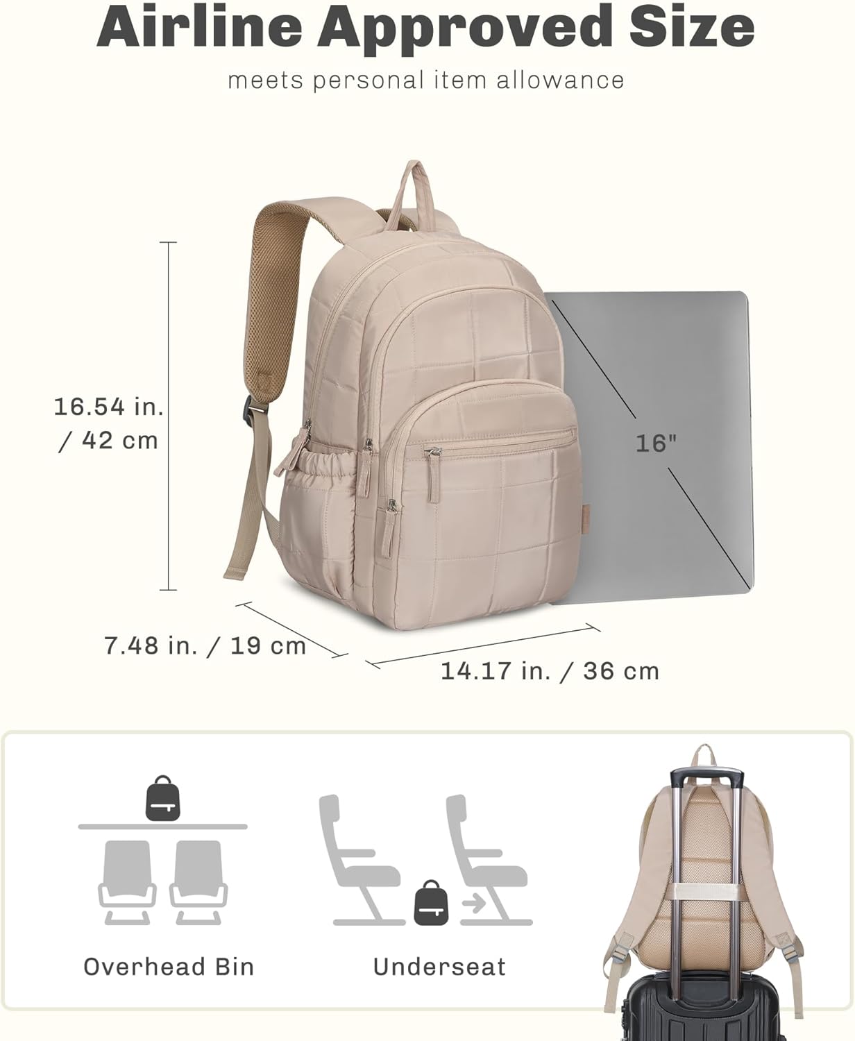 Hynes Eagle College Laptop Backpack 16 Inches Quilted Travel Backpack for Women Lightweight Puffer Casual Daypack 28L Camel - Image 2