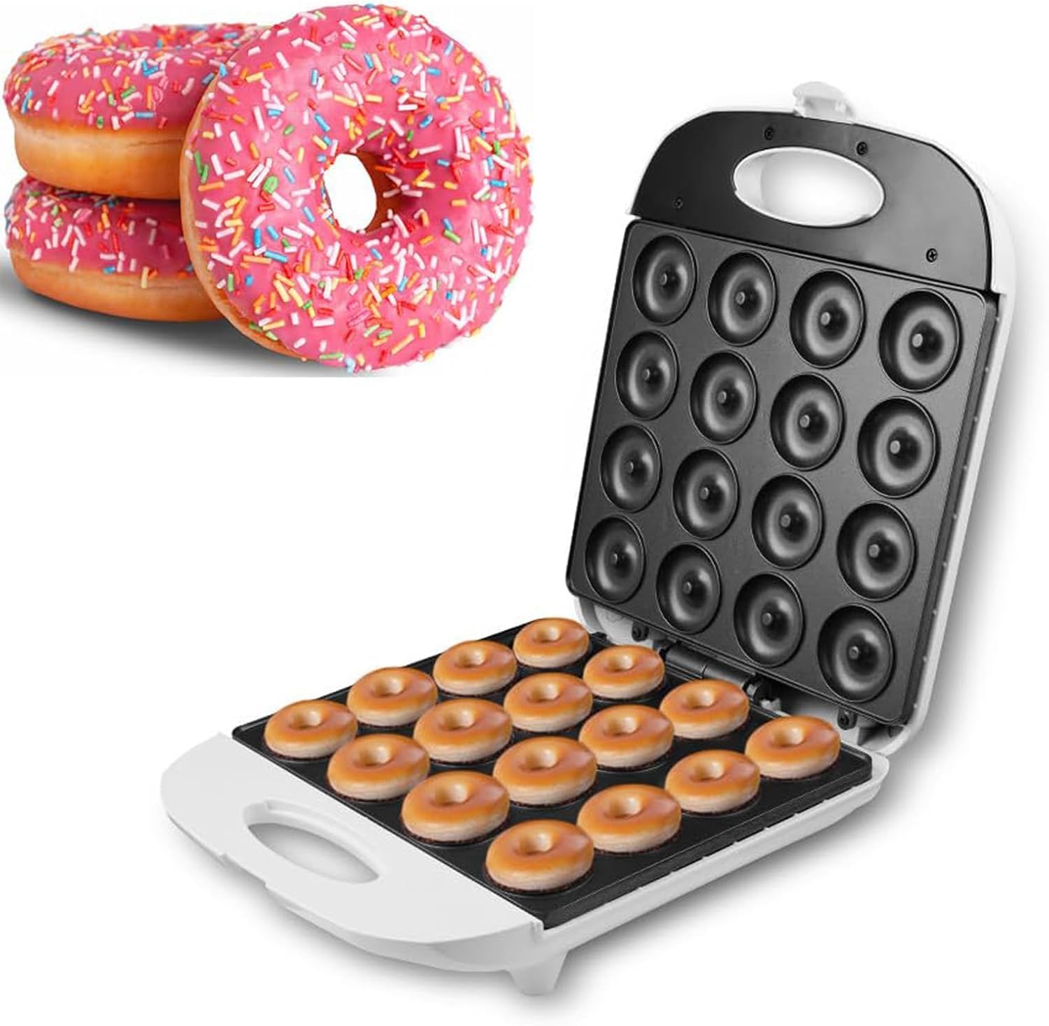 Appareil à mini-donuts 1400 W, revêtement antiadhésif à double face, avec voyants lumineux, 16 donuts, idéal le petit-déjeuner, les en- et les desserts.