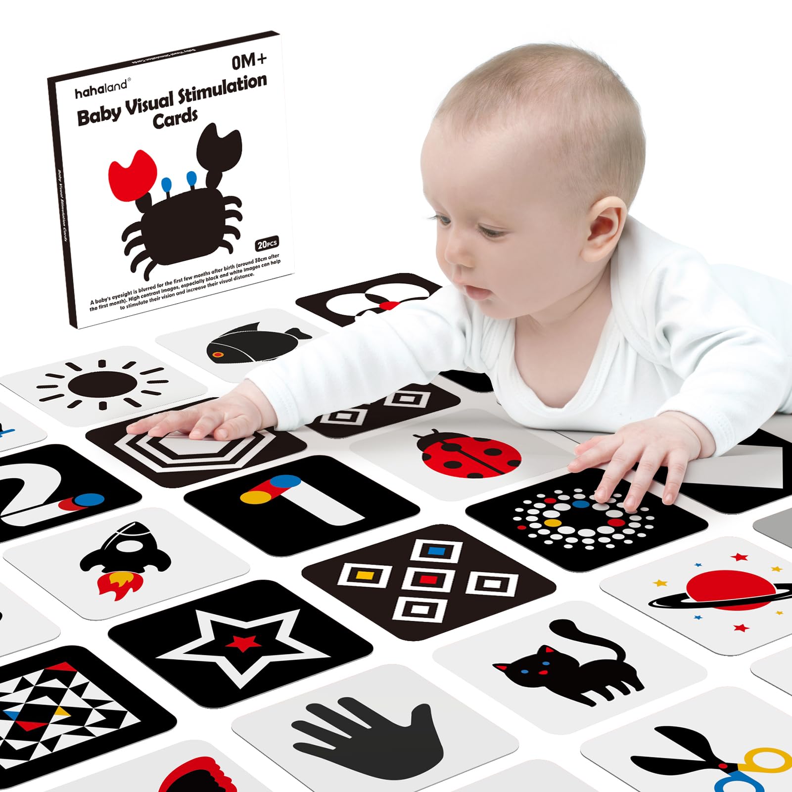 hahaland Flash Cards per Neonato Carta Nero Bianco Tummy Time, Giochi Neonati 0-3 6 mesi Stimolazione Visiva, 20 Pezzi 40 Imagini