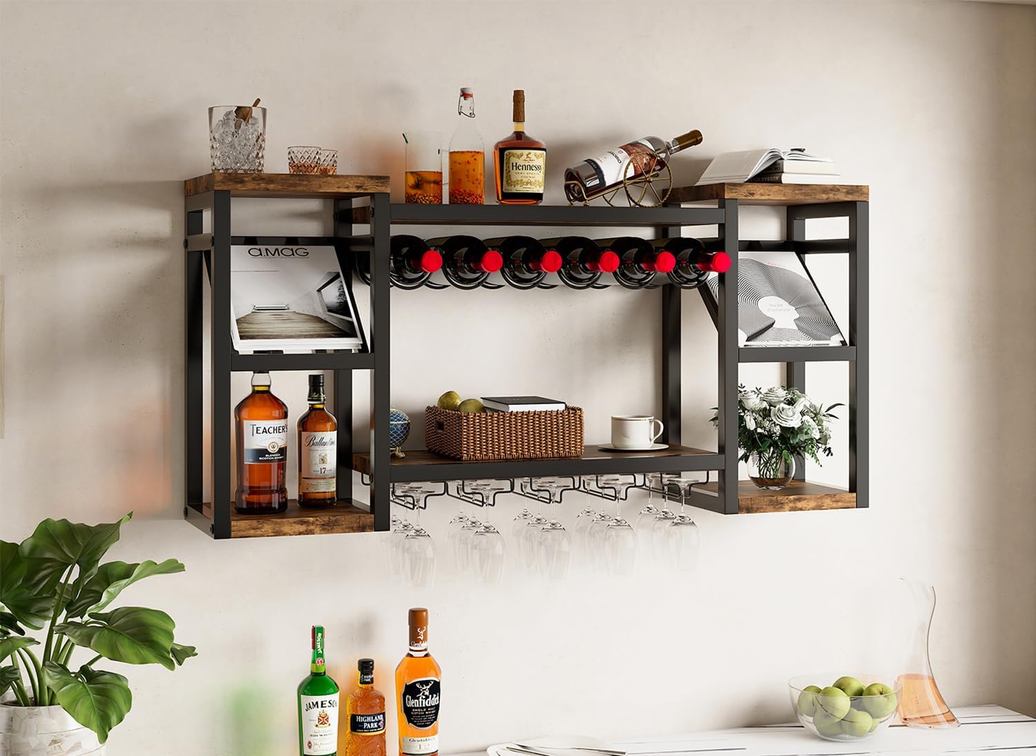 Wine Rack Wall Mounted, Wall Wine Rack with Glass Holder & Bottle Holders Display Storage for Home Bar Kitchen Dining Living Room